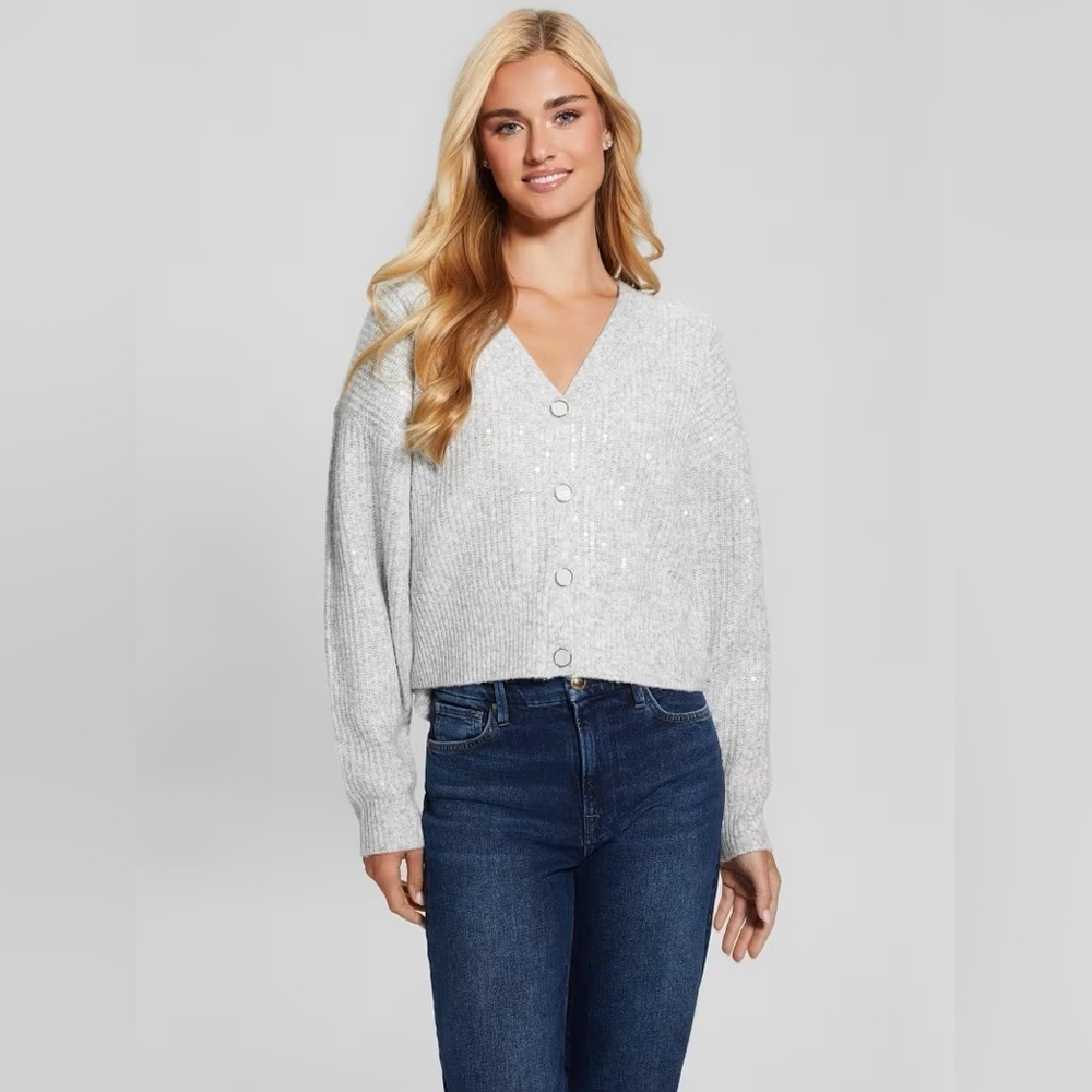 GUESS Heather Gray Eco Riley Sequin Cardigan Logo Buttons Size Large NWT